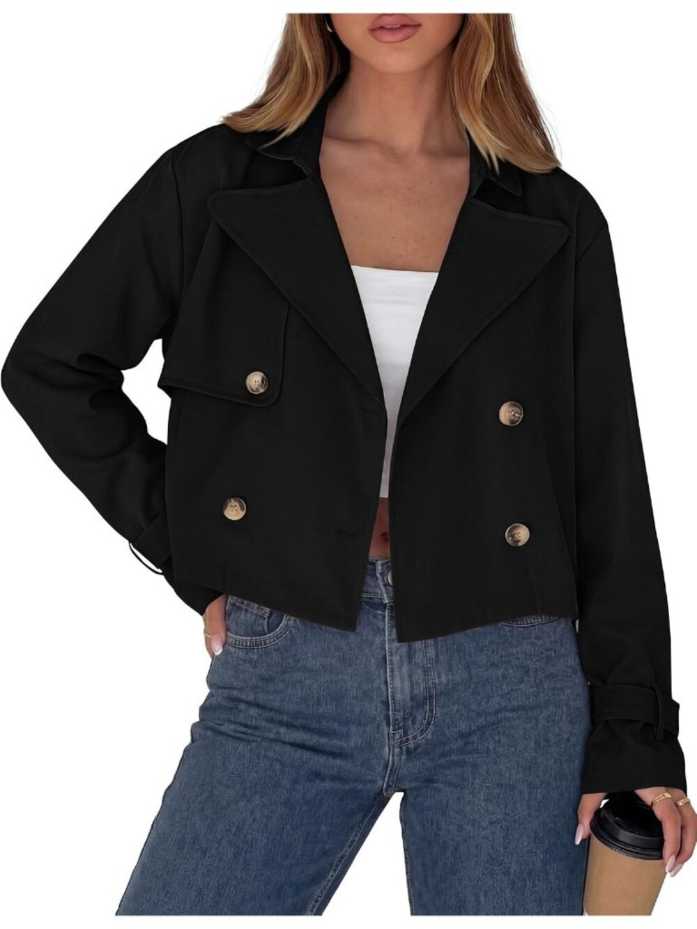 Women’s Black Long Sleeve Double Breasted Office Casual Cropped Short Jacket